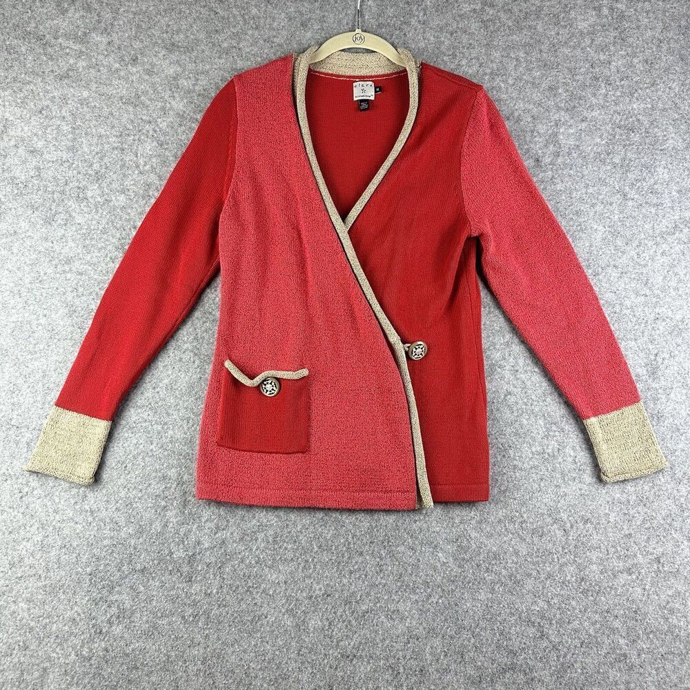 Clare by Icelandic Design Sweater Cardigan Womens M Red Tan Wrap Knit Colorblock